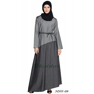 Casual Denim abaya- Grey-Black